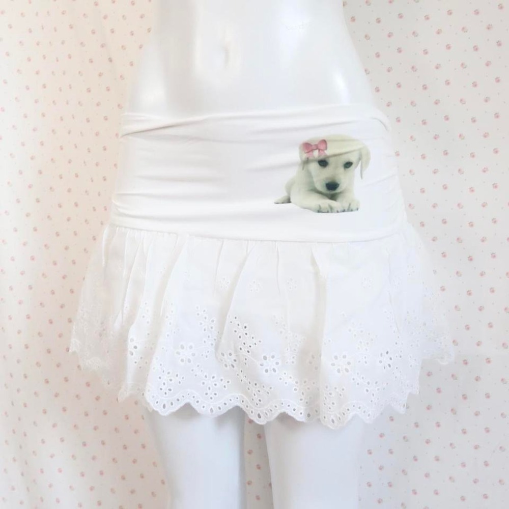 white eyelet lace mini skirt foldover puppy bow ruffle coquette y2k